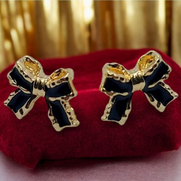 Black & Gold Bow Ribbon Earrings On Trend Bowtie Detail Shaped Bowknot Studs - Picture 5 of 10